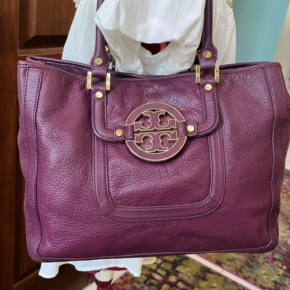 Tory Burch Handbags - Tory Burch  purple leather shoulder bag  satchel 2 exterior pockets  Goldtone HW
